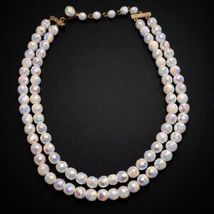 Vintage AB Glass Beaded Necklace 16” Double Strand Iridescent Pastel Princess